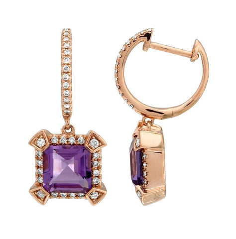 0.37 Ctw Diamond 14k Rose Gold Amethyst Round Shape Womens Gemstone Earrings