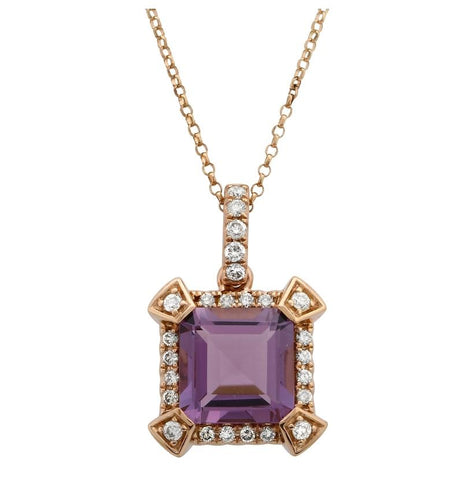 0.33 Ctw Diamond 14k Rose Gold Amethyst Round Shape Womens Gemstone Necklace Pendant With 16 Inch Chain