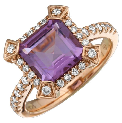 0.33 Ctw Diamond 14k Rose Gold Amethyst Round Shape Womens Gemstone Ring