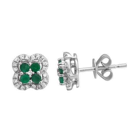 0.2 Ctw Diamond 14k White Gold Emerald Round Shape Womens Gemstone Earrings