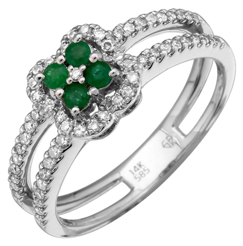 0.28 Ctw Diamond 14k White Gold Emerald Round Shape Womens Gemstone Ring
