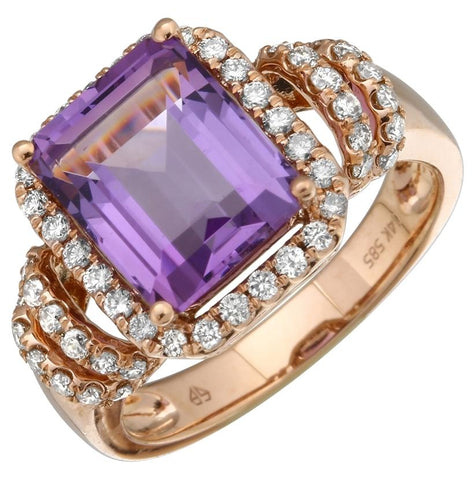 0.52 Ctw Diamond 14k Rose Gold Amethyst Round Shape Womens Gemstone Ring