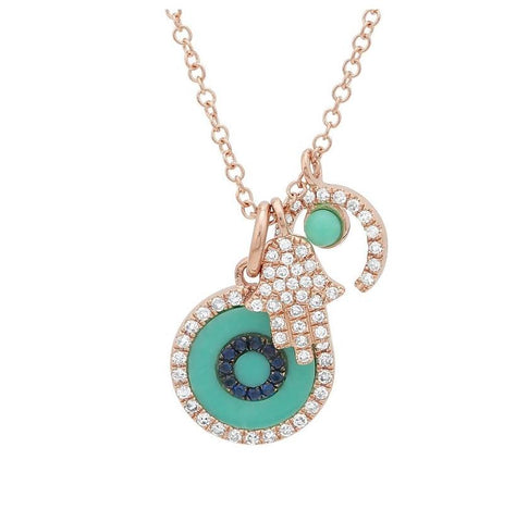 0.18 Ctw Diamond 14k Rose Gold Turquoise Sapphire Round Shape Womens Gemstone Necklace Pendant With 16 Inch Chain