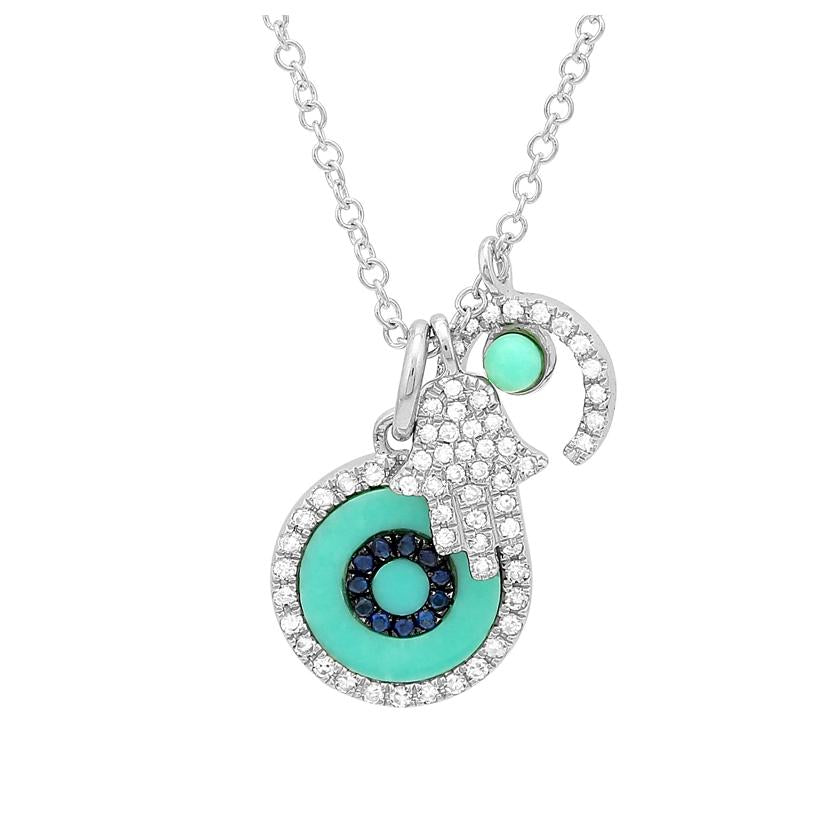 0.17 Ctw Diamond 14k White Gold Turquoise Sapphire Round Shape Womens Gemstone Necklace Pendant With 16 Inch Chain