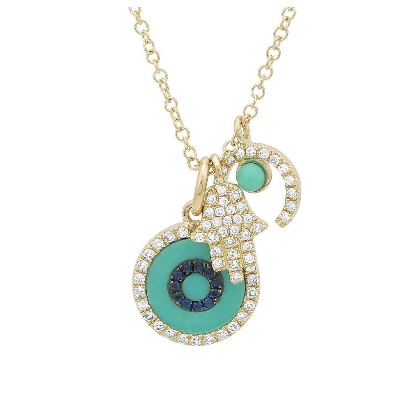 0.17 Ctw Diamond 14k Yellow Gold Turquoise Sapphire Round Shape Womens Gemstone Necklace Pendant With 16 Inch Chain