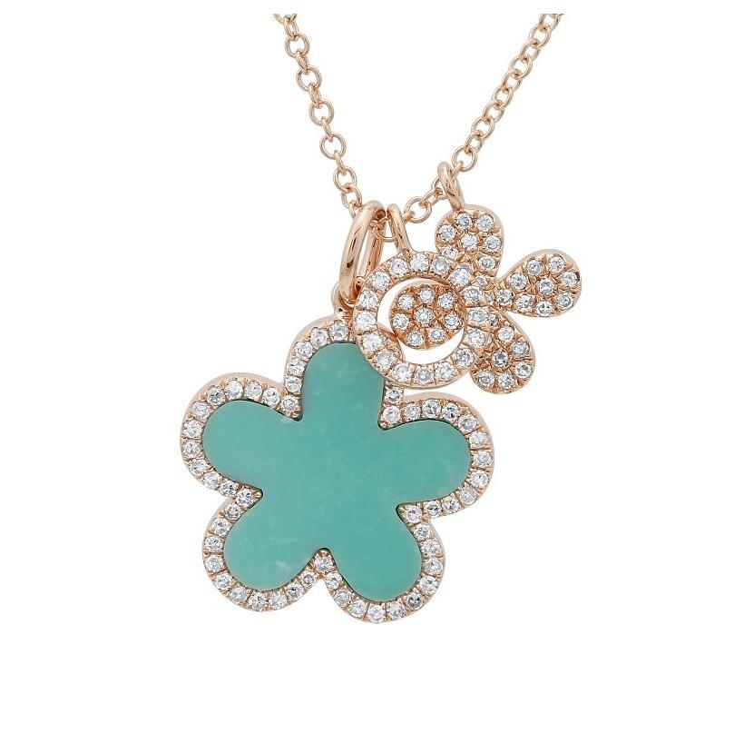 0.26 Ctw Diamond 14k Rose Gold Turquoise Round Shape Womens Gemstone Necklace Pendant With 16 Inch Chain