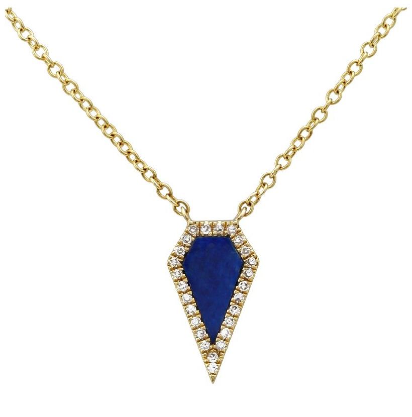 0.06 Ctw Diamond 14k Yellow Gold Lapis Round Shape Womens Gemstone Necklace