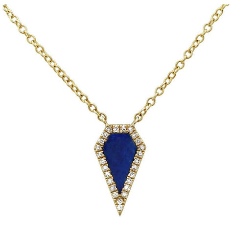 0.06 Ctw Diamond 14k Yellow Gold Lapis Round Shape Womens Gemstone Necklace