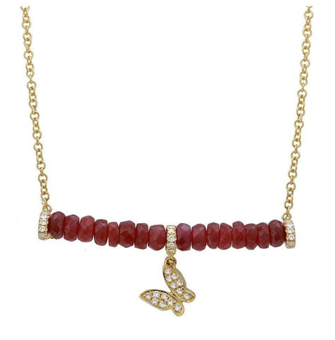 0.12 Ctw Diamond 14k Yellow Gold Ruby Round Shape Womens Gemstone Necklace