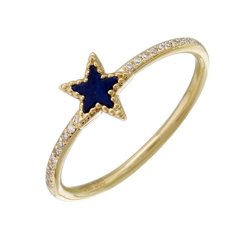 0.06 Ctw Diamond 14k Yellow Gold Lapis Round Shape Womens Gemstone Ring