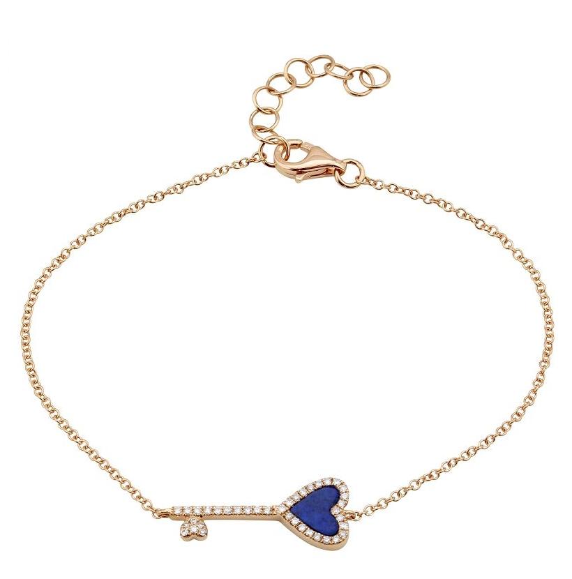 0.11 Ctw Diamond 14k Rose Gold Lapis Round Shape Womens Gemstone Bracelet