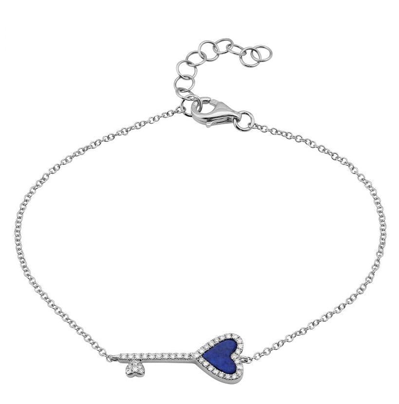 0.11 Ctw Diamond 14k White Gold Lapis Round Shape Womens Gemstone Bracelet