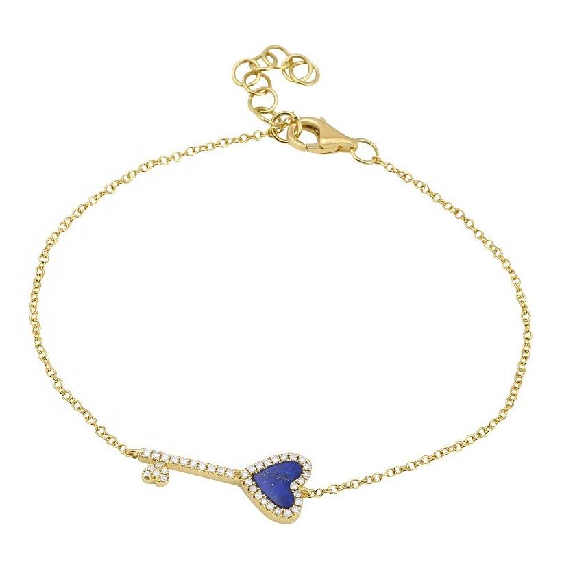 0.11 Ctw Diamond 14k Yellow Gold Lapis Round Shape Womens Gemstone Bracelet