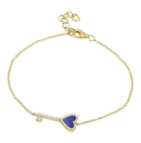 0.11 Ctw Diamond 14k Yellow Gold Lapis Round Shape Womens Gemstone Bracelet