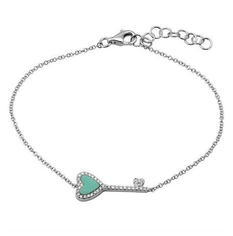 0.11 Ctw Diamond 14k White Gold Turquoise Round Shape Womens Gemstone Bracelet