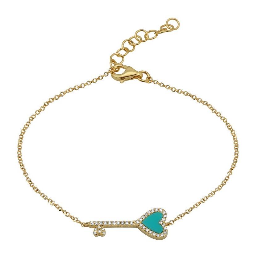 0.11 Ctw Diamond 14k Yellow Gold Turquoise Round Shape Womens Gemstone Bracelet