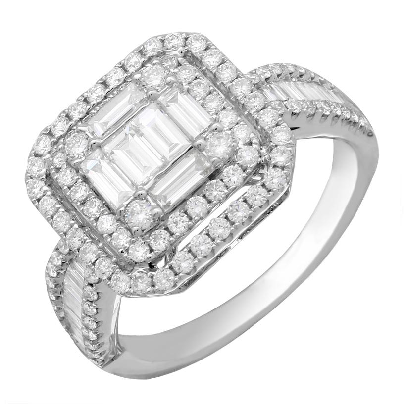 1.28 Ctw Diamond 18k White Gold Round Baguette Shape Womens Diamond Ring