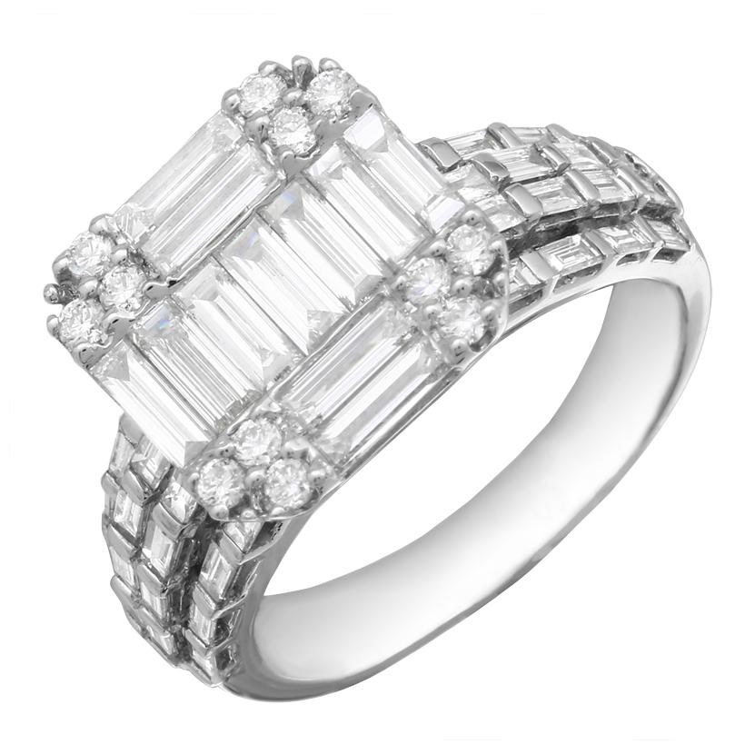 2.02 Ctw Diamond 18k White Gold Round Baguette Shape Womens Diamond Ring