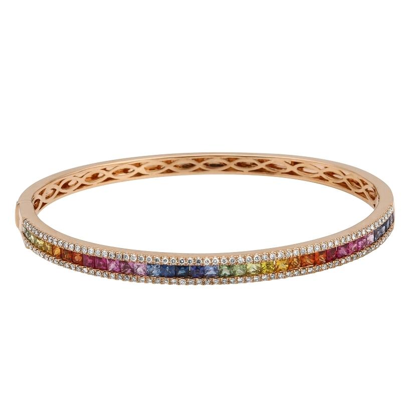 0.8 Ctw Diamond 14k Two Tone Gold Sapphire Round Shape Womens Gemstone Bangle Bracelet