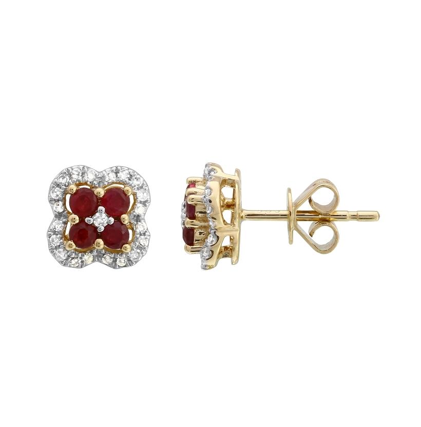 0.19 Ctw Diamond 14k Yellow Gold Ruby Round Shape Womens Gemstone Earrings