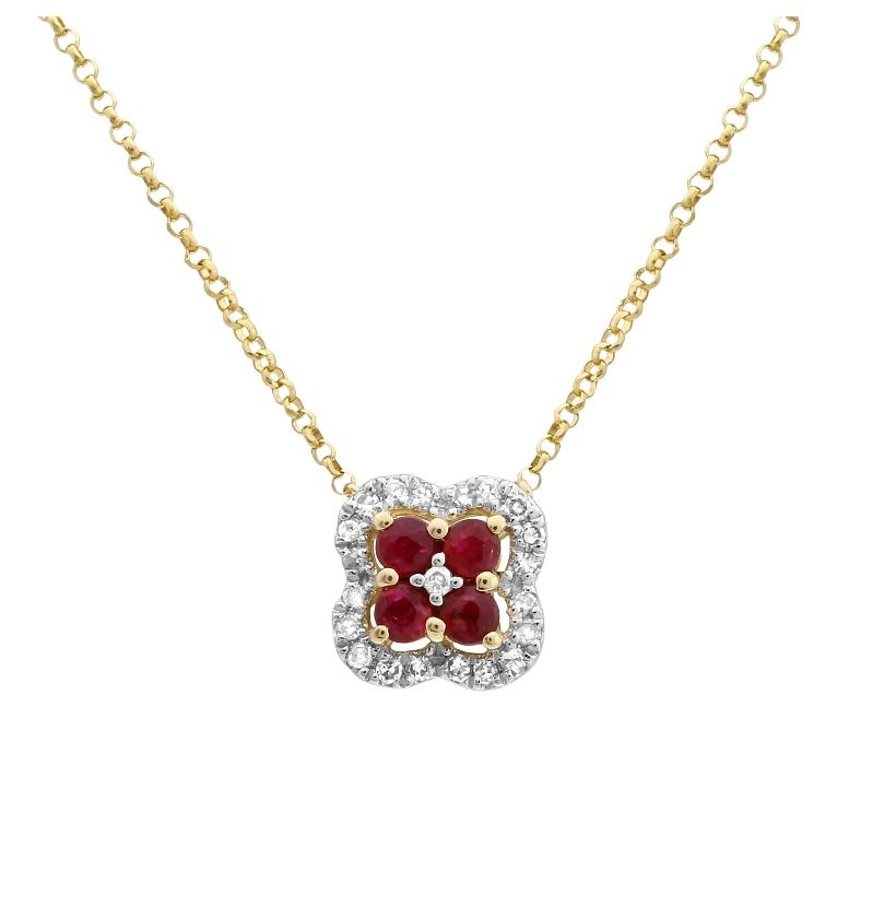 0.1 Ctw Diamond 14k Yellow Gold Ruby Round Shape Womens Gemstone Necklace Pendant With 16 Inch Chain