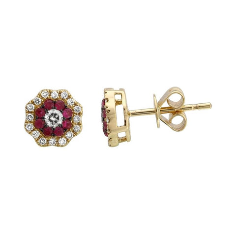 0.28 Ctw Diamond 14k Yellow Gold Ruby Round Shape Womens Gemstone Earrings