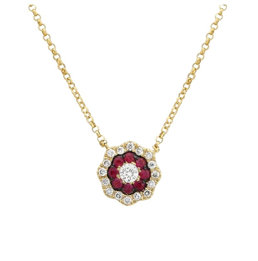 0.14 Ctw Diamond 14k Yellow Gold Ruby Round Shape Womens Gemstone Necklace Pendant With 16 Inch Chain