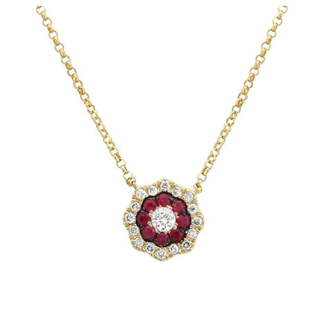 0.14 Ctw Diamond 14k Yellow Gold Ruby Round Shape Womens Gemstone Necklace Pendant With 16 Inch Chain