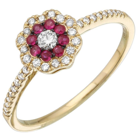 0.2 Ctw Diamond 14k Yellow Gold Ruby Round Shape Womens Gemstone Ring