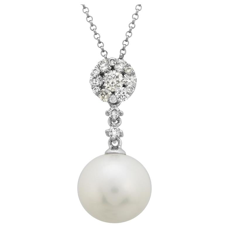 0.45 Ctw Diamond 14k White Gold Pearl Necklace Pendant With 16 Inch Chain