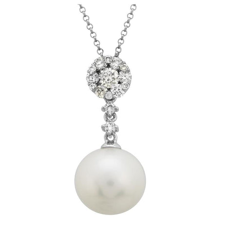 0.45 Ctw Diamond 14k White Gold Pearl Necklace Pendant With 16 Inch Chain