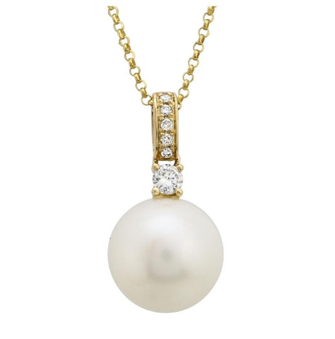 0.1 Ctw Diamond 14k Yellow Gold Pearl Necklace Pendant With 16 Inch Chain