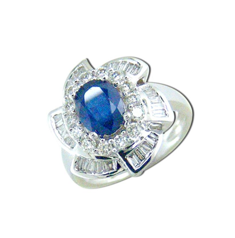 1.01 Ctw Diamond 18k White Gold Sapphire Tap Baguette Round Shape Womens Gemstone Ring