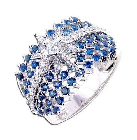 0.36 Ctw Diamond 18k White Gold Sapphire Round Shape Womens Gemstone Ring