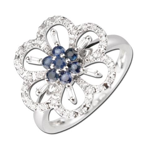 0.23 Ctw Diamond 14k White Gold Sapphire Round Tap Baguette Shape Womens Gemstone Ring