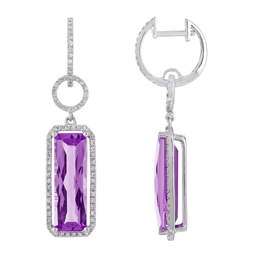 0.42 Ctw Diamond 14k White Gold Amethyst Round Shape Womens Gemstone Earrings