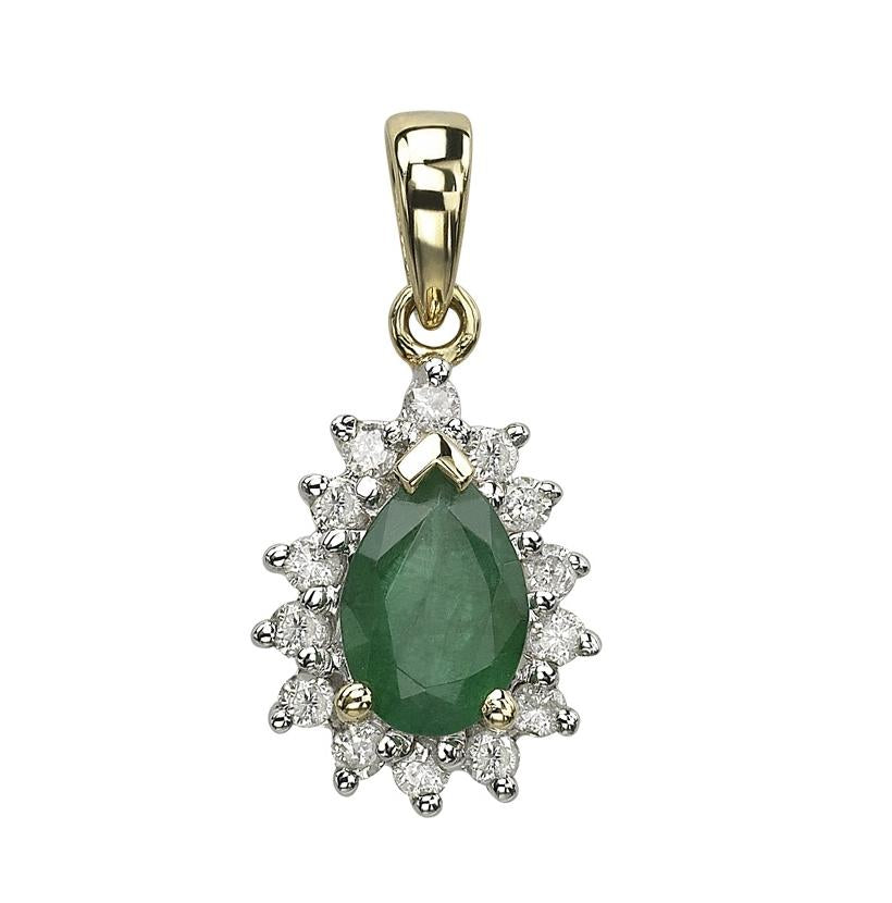 0.2 Ctw Diamond 14k Yellow Gold Emerald Round Shape Womens Gemstone Necklace Pendant