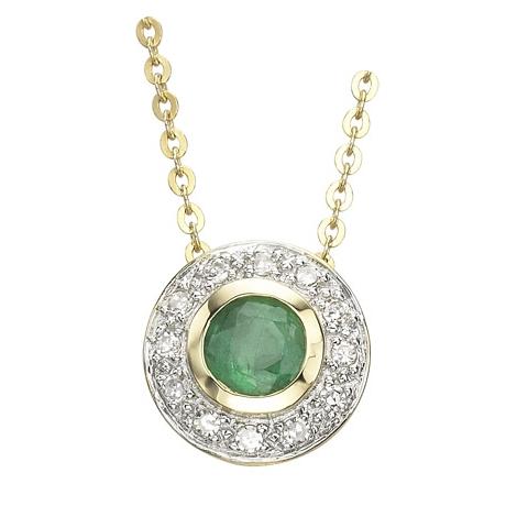 0.06 Ctw Diamond 14k Yellow Gold Emerald Round Shape Womens Gemstone Necklace Pendant With 16 Inch Chain