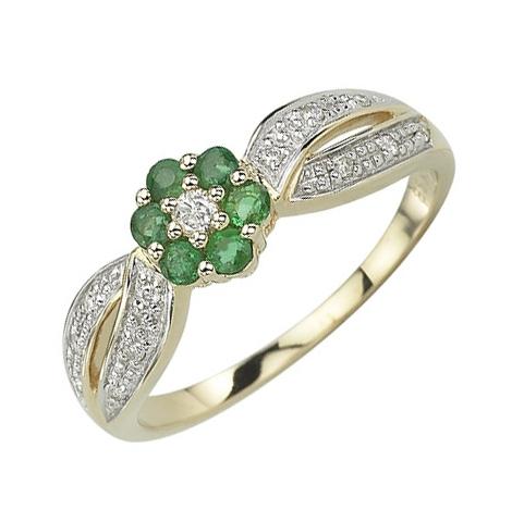 0.1 Ctw Diamond 14k Yellow Gold Emerald Round Shape Womens Gemstone Ring