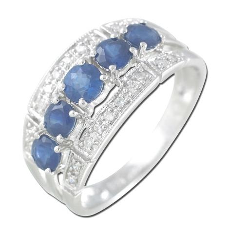 0.1 Ctw Diamond 14k White Gold Sapphire Round Shape Womens Gemstone Ring