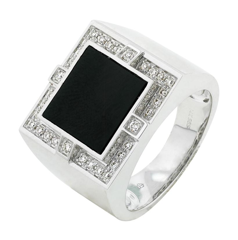 0.32 Ctw Diamond 14k White Gold Onyx Round Shape Womens Gemstone Ring