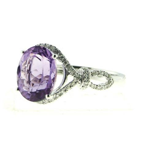 0.2 Ctw Diamond 14k White Gold Amethyst Round Shape Womens Gemstone Ring