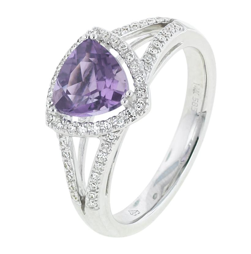 0.17 Ctw Diamond 14k White Gold Amethyst Round Shape Womens Gemstone Ring