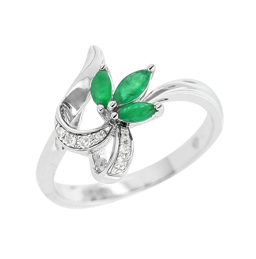 0.04 Ctw Diamond 14k White Gold Emerald Round Shape Womens Gemstone Ring