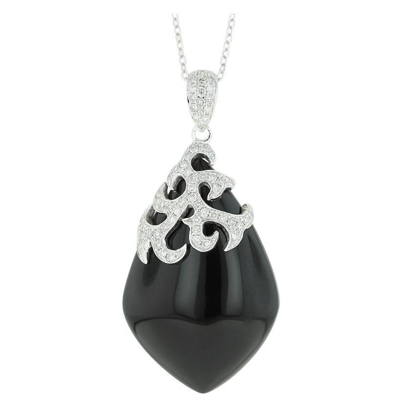 0.39 Ctw Diamond 14k White Gold Onyx Round Shape Womens Gemstone Necklace Pendant With 16 Inch Chain