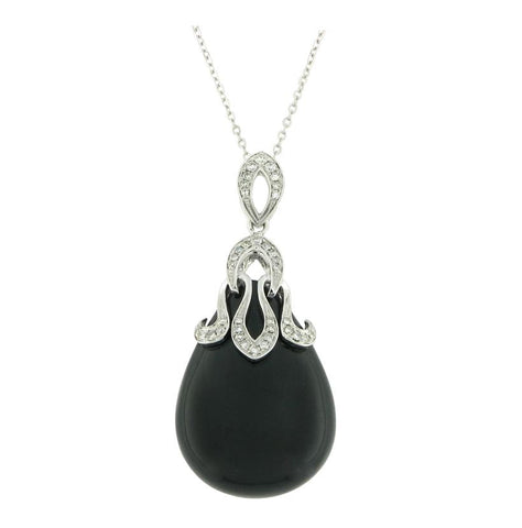 0.23 Ctw Diamond 14k White Gold Onyx Round Shape Womens Gemstone Necklace Pendant With 16 Inch Chain