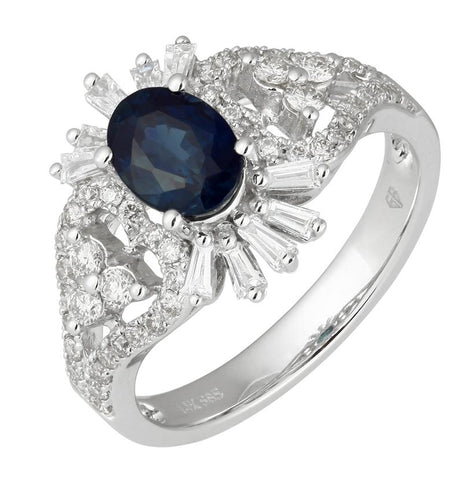 0.64 Ctw Diamond 14k White Gold Sapphire Round Tap Baguette Shape Womens Gemstone Ring