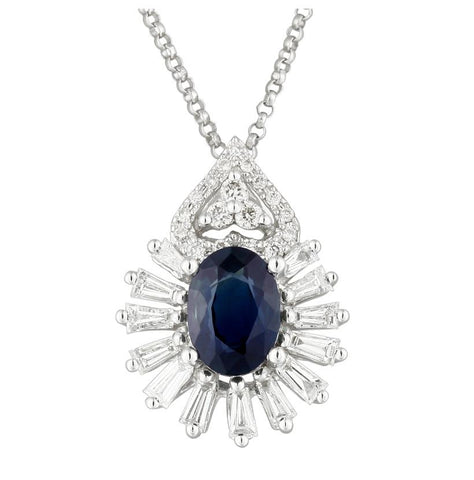 0.38 Ctw Diamond 14k White Gold Sapphire Round Tap Baguette Shape Womens Gemstone Necklace Pendant With 16 Inch Chain