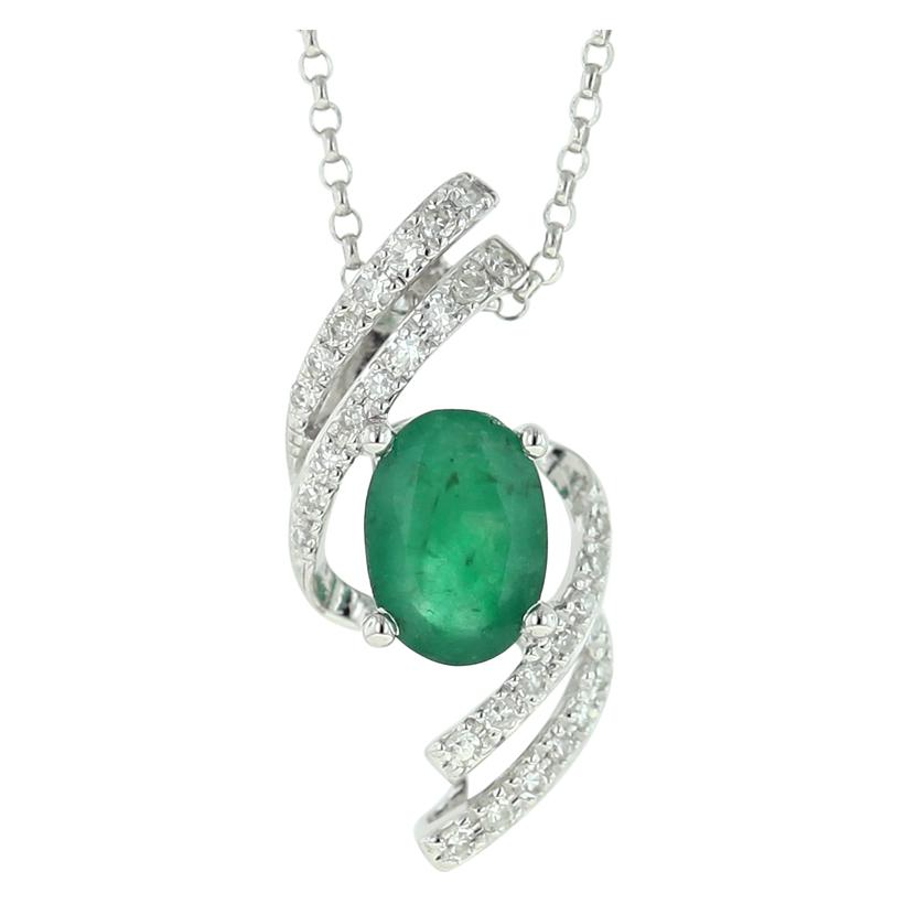 0.12 Ctw Diamond 14k White Gold Emerald Round Shape Womens Gemstone Necklace Pendant With 16 Inch Chain