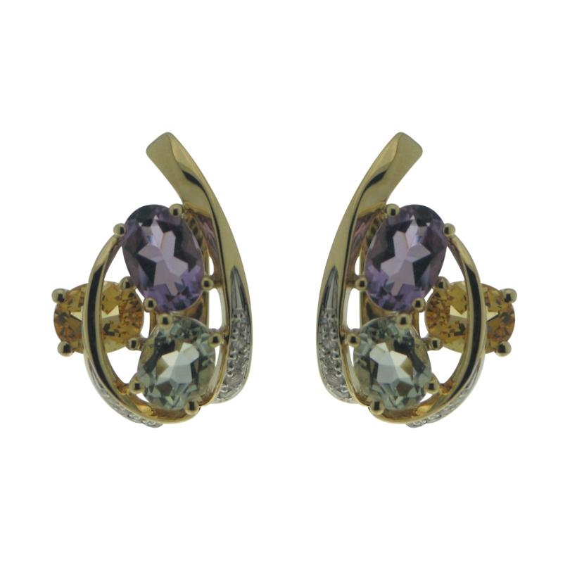 0.07 Ctw Diamond 14k Yellow Gold Amethyst Citrine Round Shape Womens Gemstone Earrings